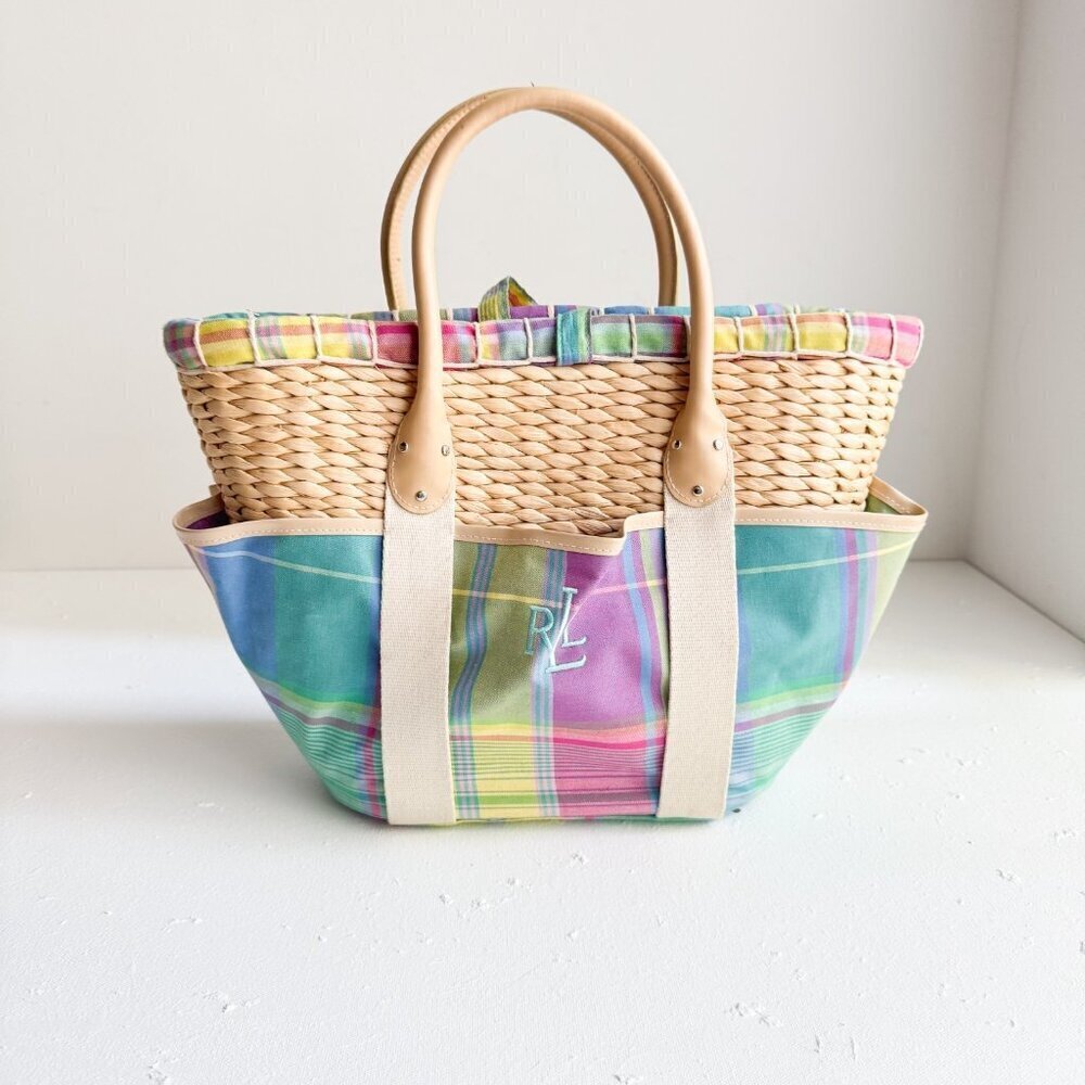 Ralph Lauren Woven Plaid Pastel Fabric Detail Small Basket Tote